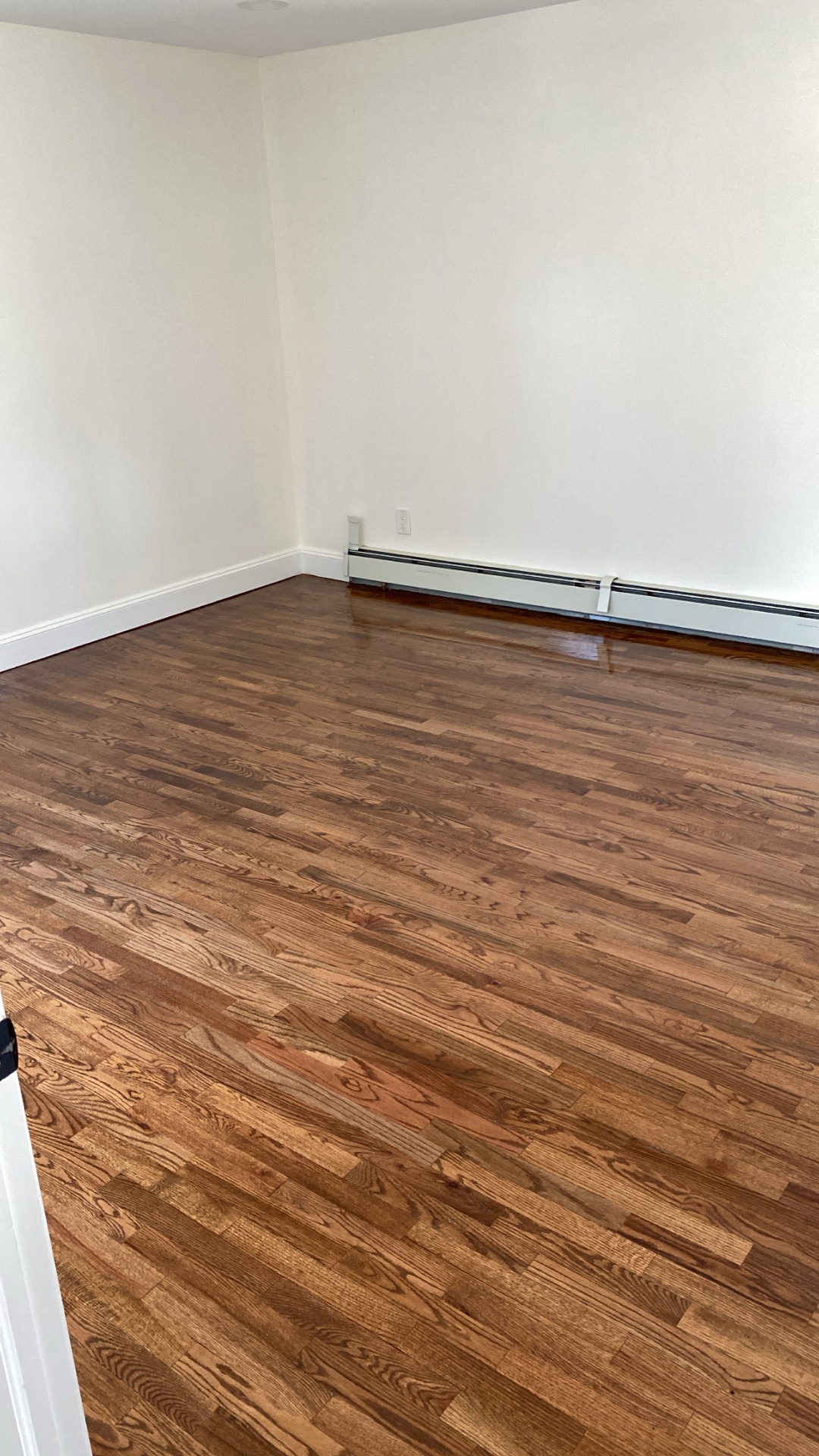 Refinished oak hardwood floor with rich stain and glossy topcoat